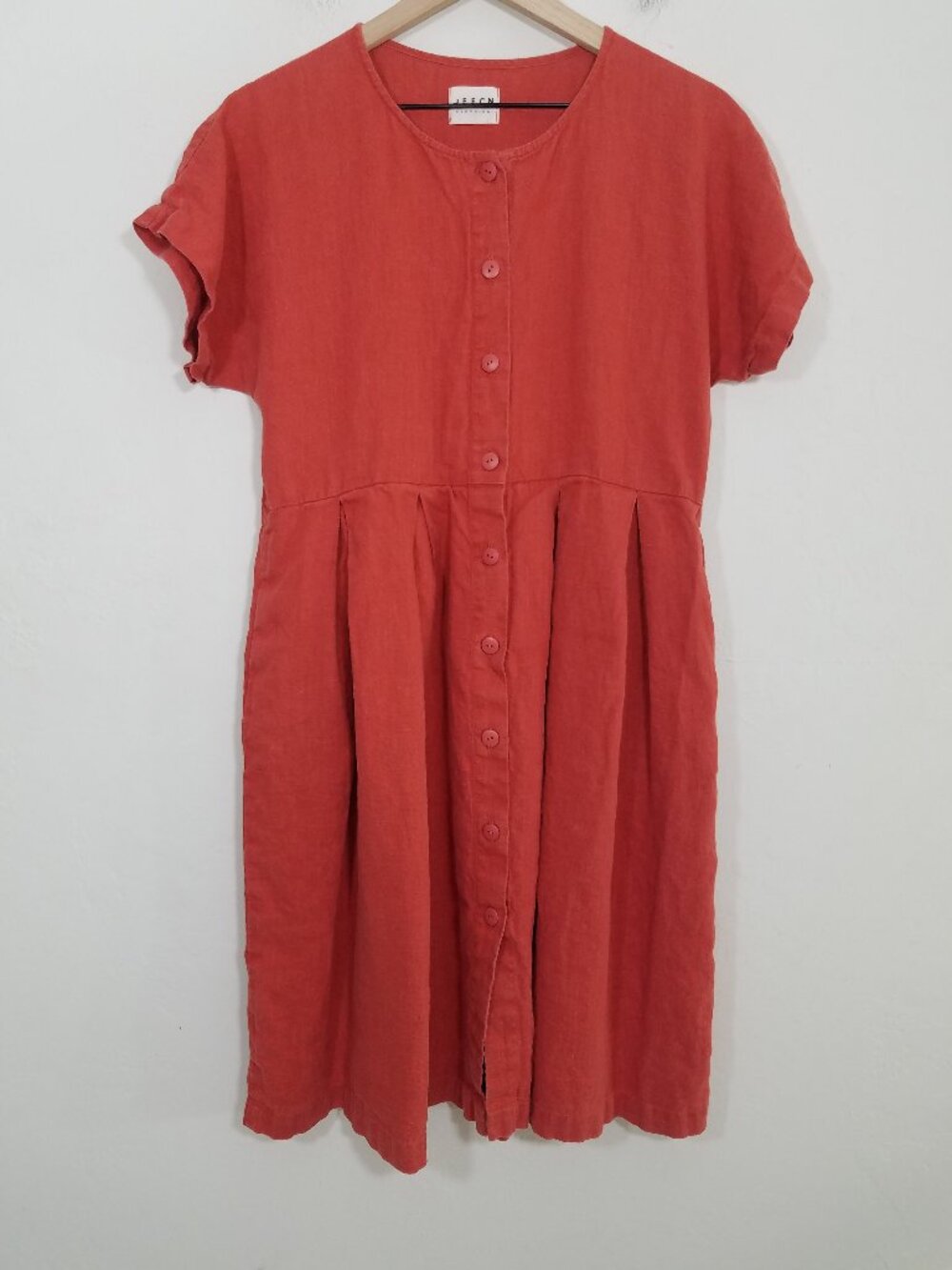 Offon Clothing Linen Button Front Midi Shirt Dress in Burnt Orange Rust